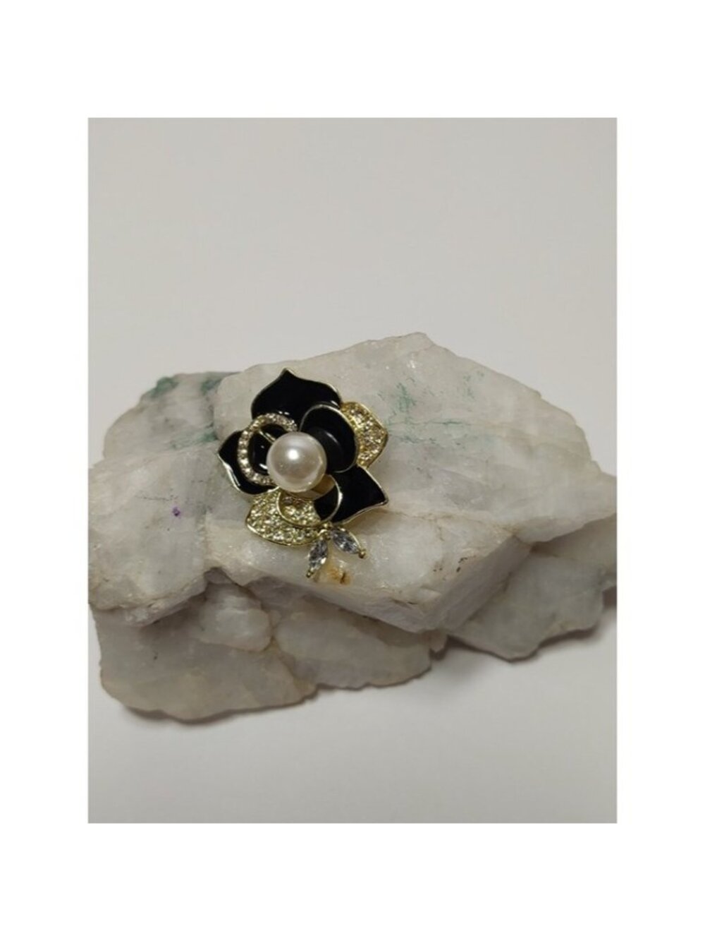Gold-Tone Black Enamel Flower Brooch with Pearl Center - Picture 3 of 5